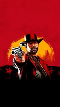 Иконический ковбойский персонаж из Red Dead Redemption 2 с оружием и федорой на ярком красном фоне