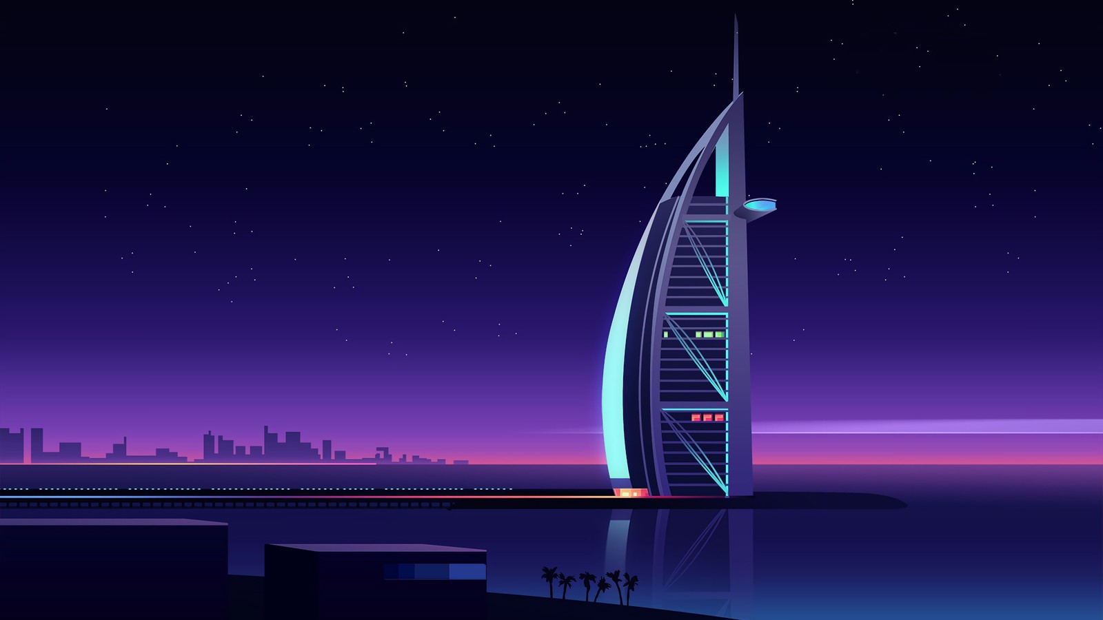 A view of a tall building with a tower on top of it (burj al arab, dubai, andscape, cityscape, minimalist)