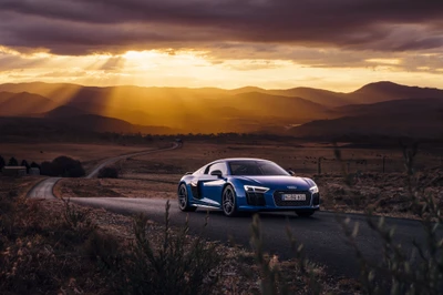 Audi R8 V10: Un coche deportivo de alto rendimiento contra un majestuoso atardecer.