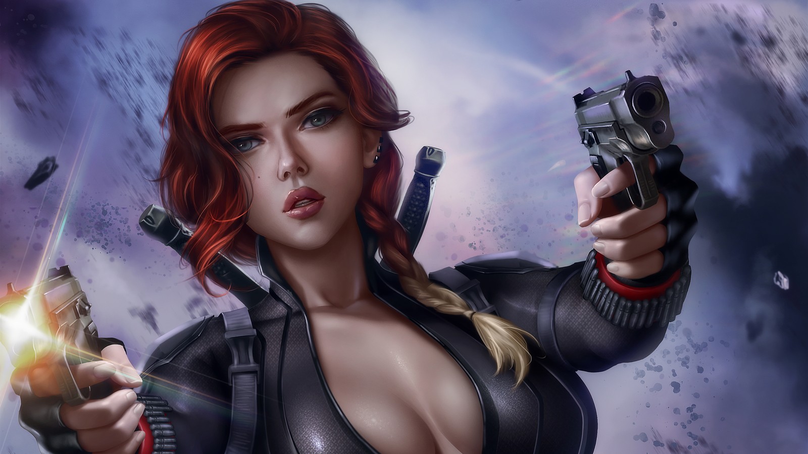 Женщина в костюме черной вдовы с пистолетом (черная вдова, black widow, оружие, marvel comics, комиксы)