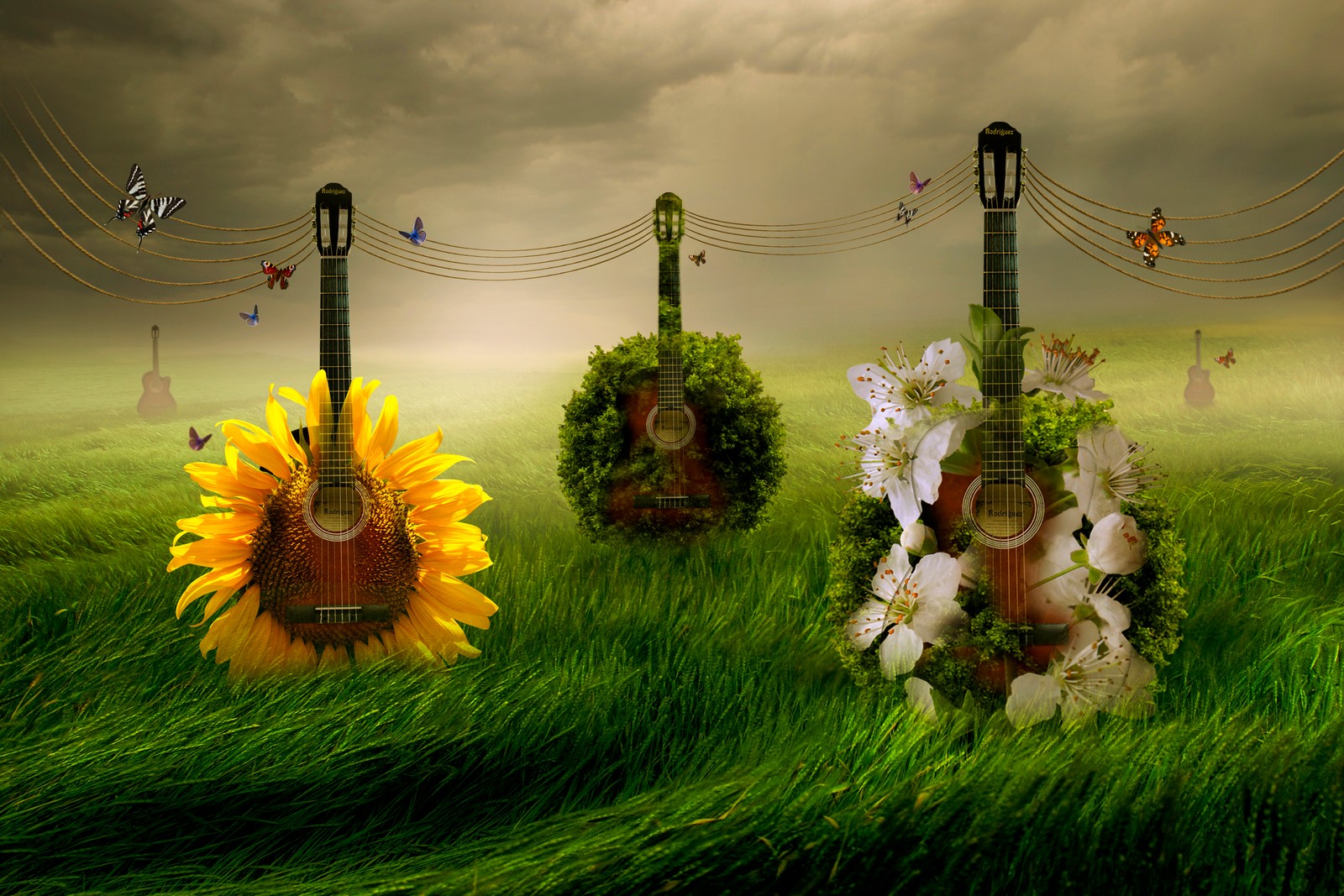 Guitars with flowers and butterflies are sitting in the grass (guitars, green grass, foggy, floral, surreal)