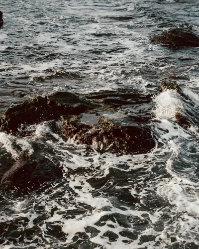 Rocas ásperas en medio de olas oceánicas turbulentas