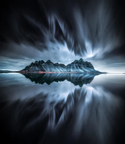 Vestrahorn Mountain Reflected in a Dark Icelandic Evening