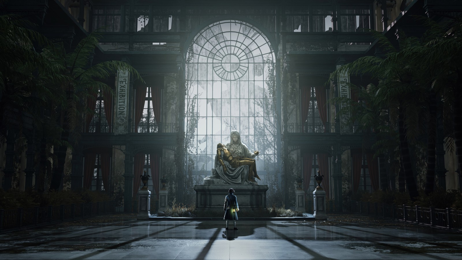 A dimly lit room with a statue and a window in the background (lies of p, video game)