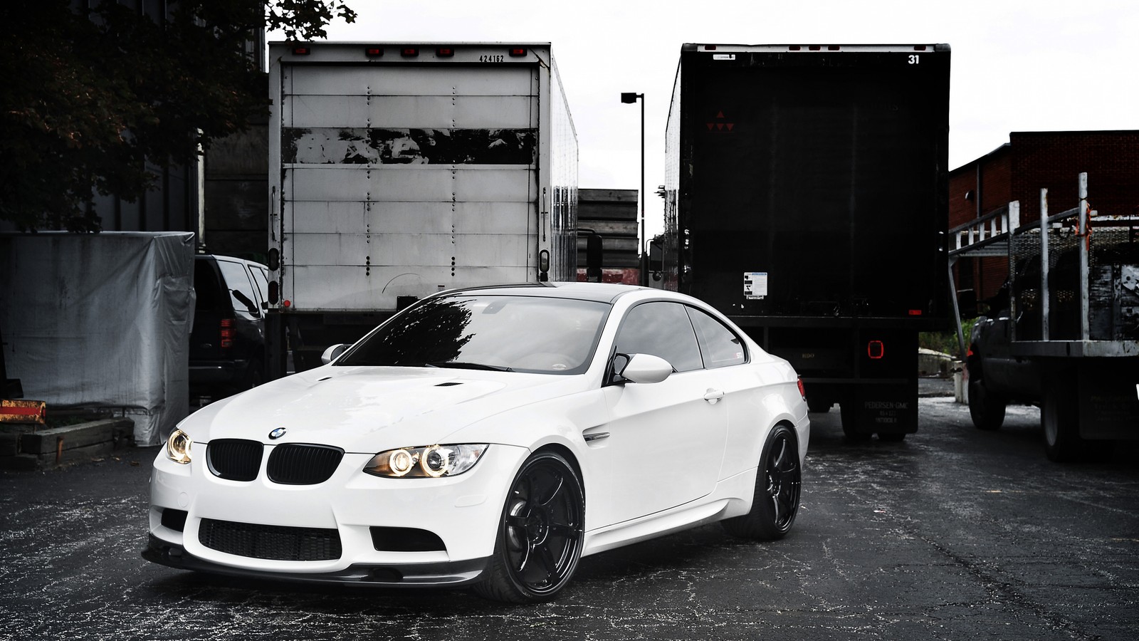 Arafed white car parked in front of a truck in a parking lot (bmw, bmw 3 series, white, black, rim)