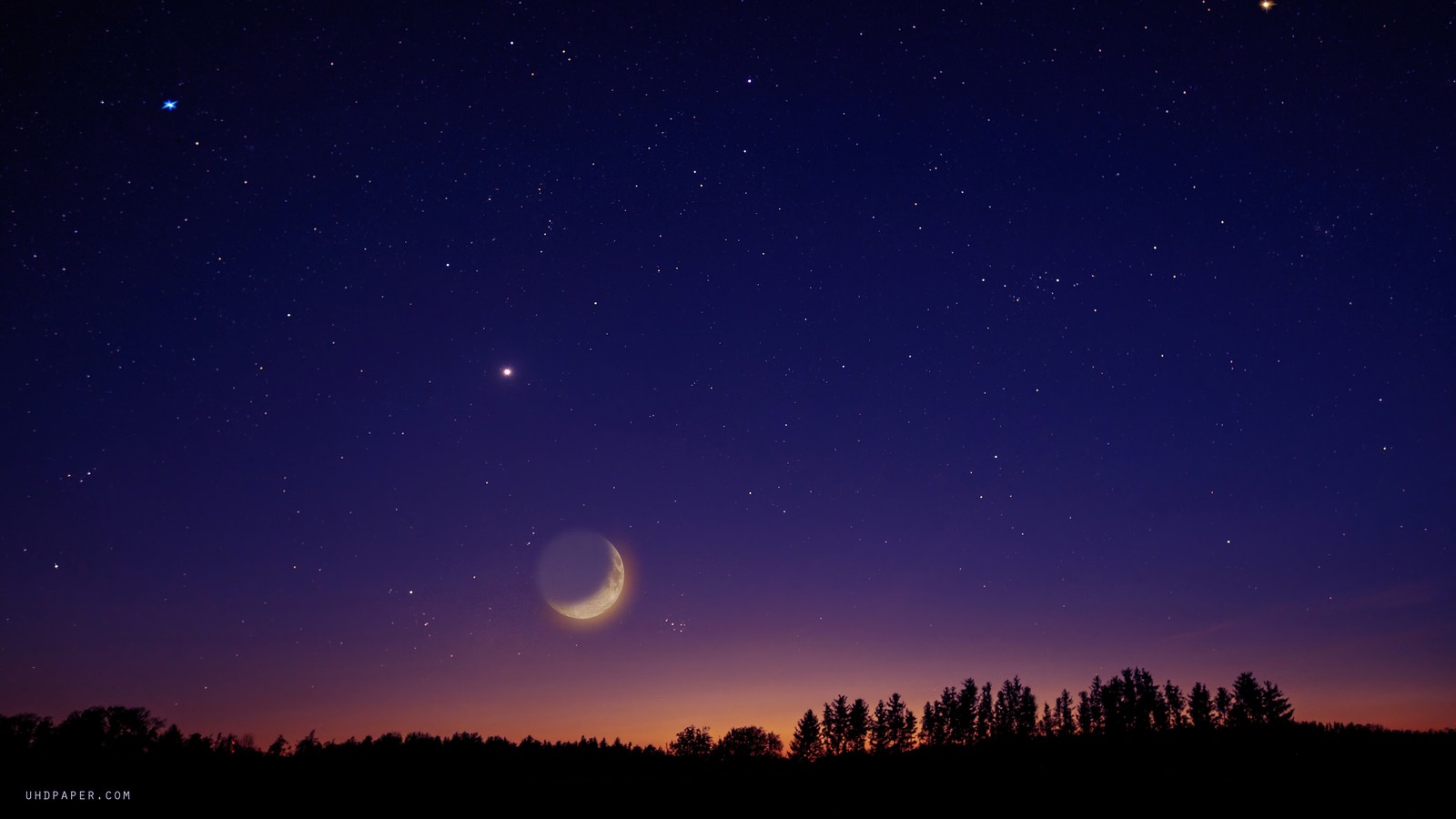 A crescent and a star in the sky with trees in the background (night, sky, moon, scenery)