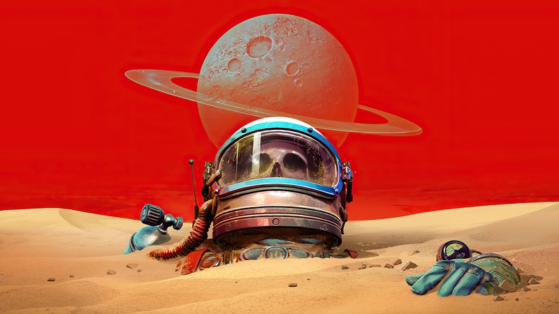 A close up of a space helmet on a desert with a planet in the background (the invincible, video game, skeleton, astronaut)