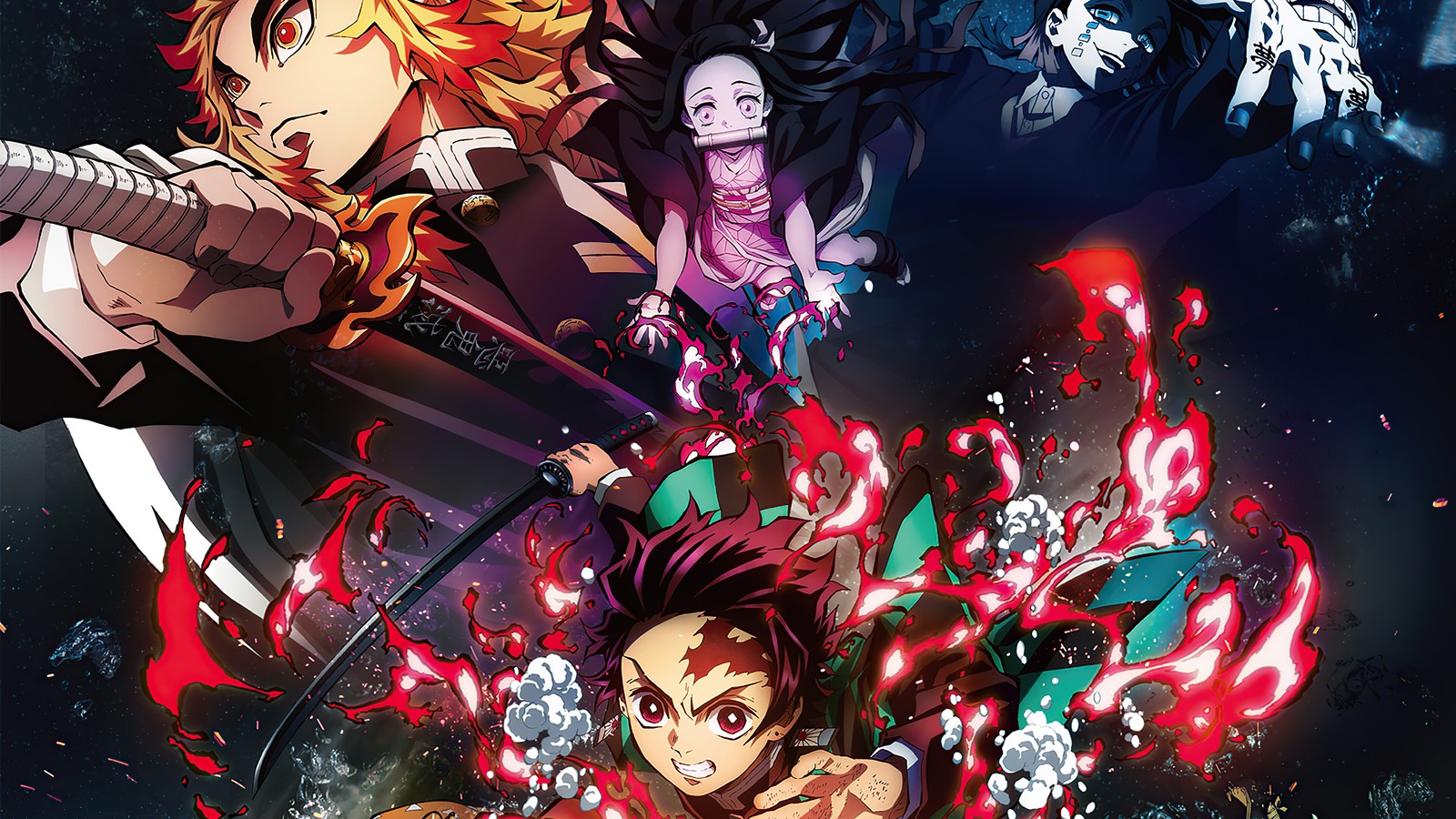 Eine gruppe von anime-charakteren mit schwertern und blut (dämonentöter kimetsu no yaiba, demon slayer kimetsu no yaiba, anime, 鬼滅の刃, film)