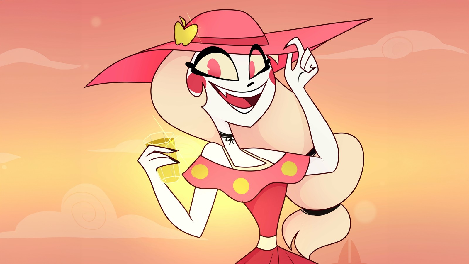 Un gros plan d'un personnage de dessin animé portant un chapeau et une robe (charlie morningstar, hazbin hotel, 5k, anime, fond décran 4k)