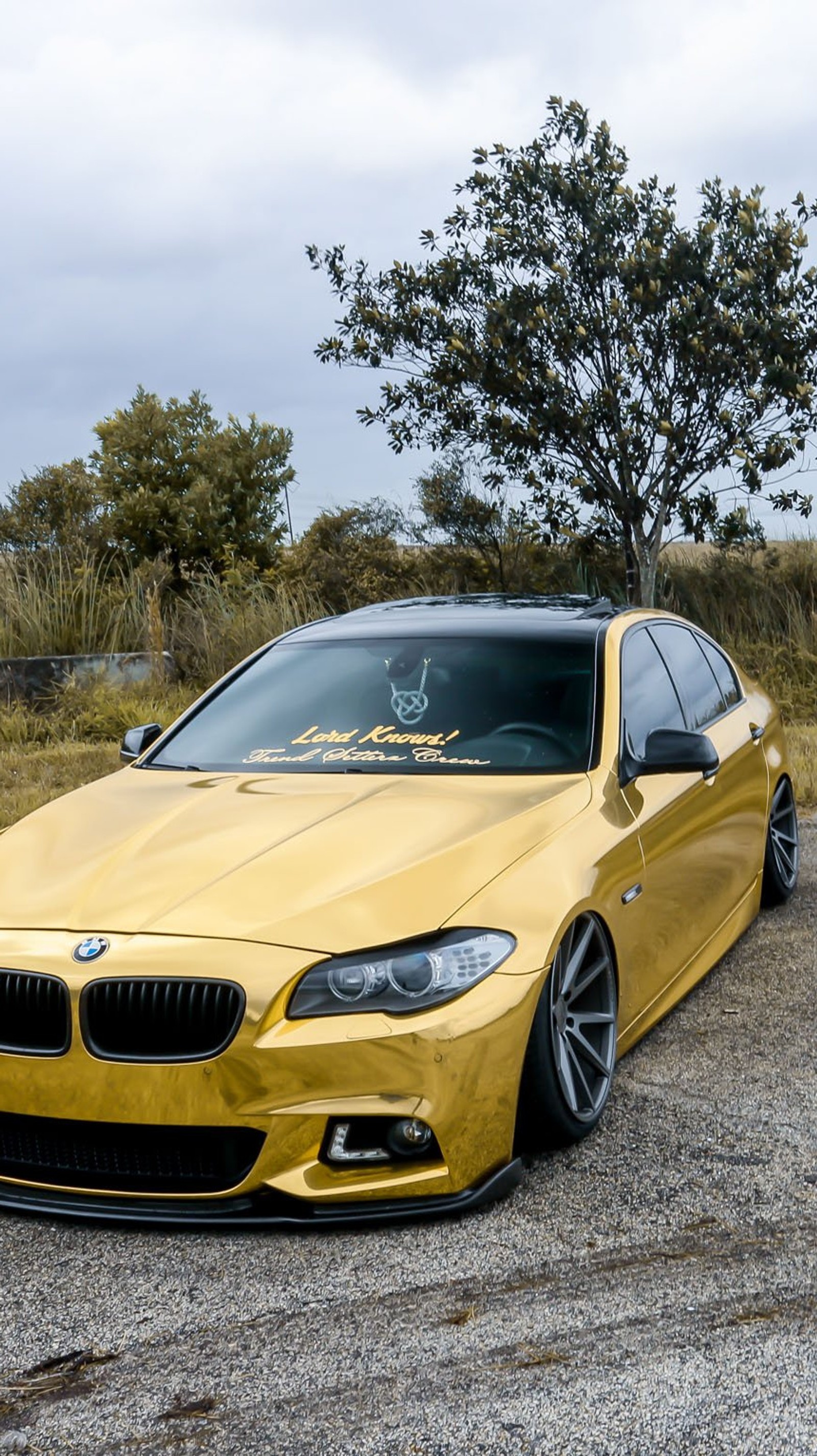 Gelbes bmw-auto, das auf einem parkplatz mit einem baum im hintergrund geparkt ist (bmw, auto, gold, m4)