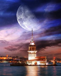 Maiden's Tower Under a Majestic Moon in Istanbul