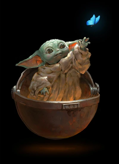 Bébé Yoda tendant la main vers un papillon