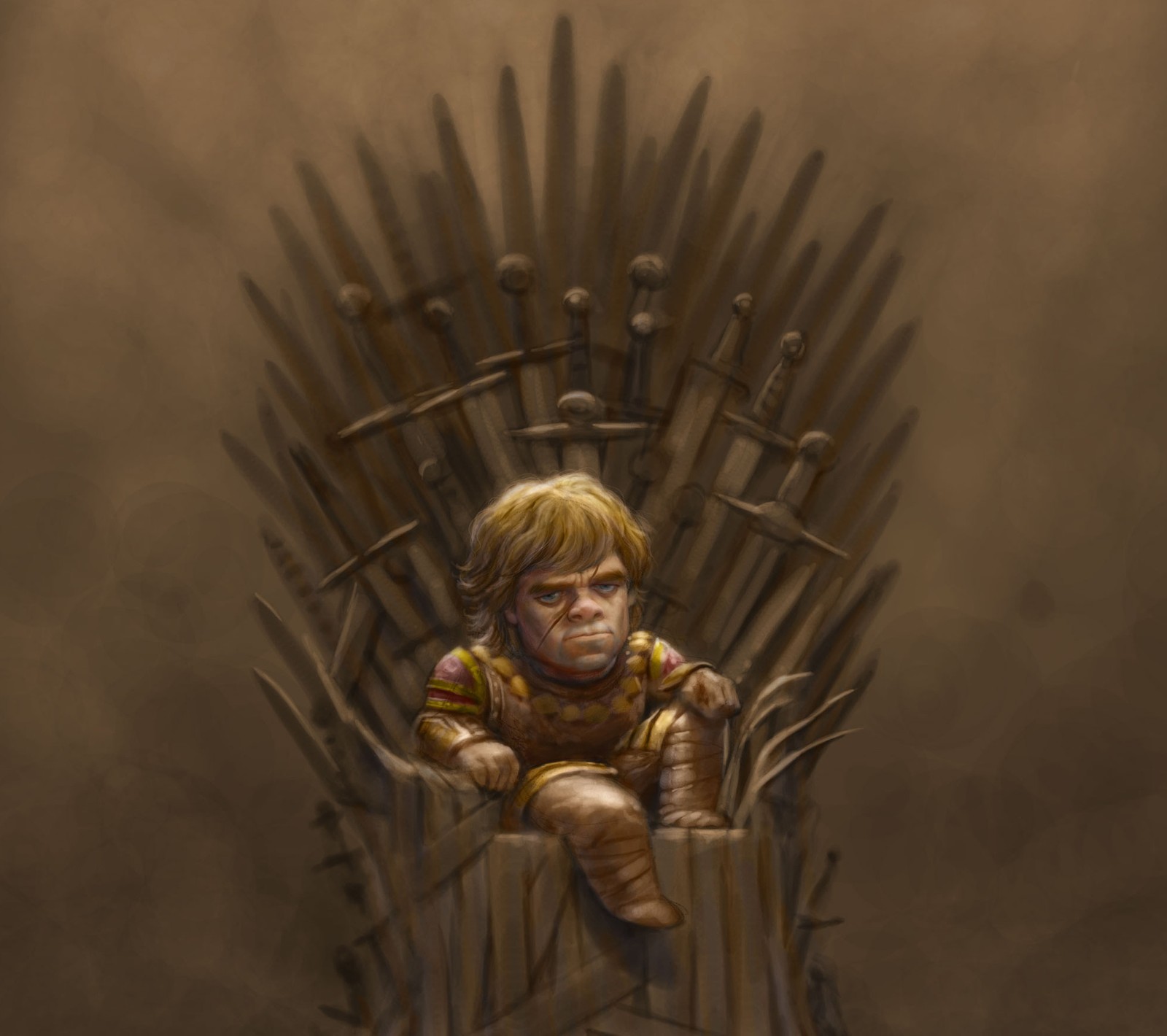 A close up of a child sitting on a iron throne (game of thrones, lannister, tyrion)