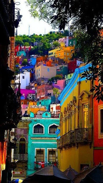 Casas vibrantes en una ladera en un paisaje urbano colorido.