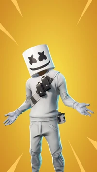 Personnage de Marshmello de Fortnite célébrant sur un fond lumineux