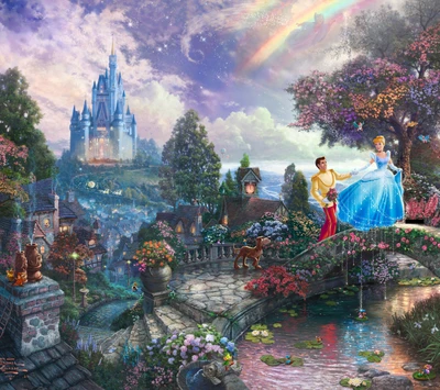 Aschenputtel und Prinz Charming in einer magischen Landschaft, umgeben von blühenden Blumen, einem ruhigen Fluss und einem fernen Schloss unter einem Regenbogen.