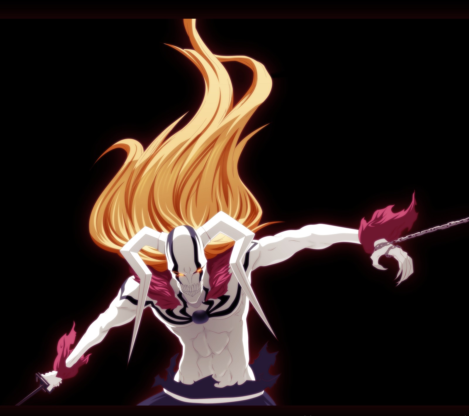 Un primer plano de una persona con una espada y fuego (bleach, hueco, ichigo, kurosaki, lorde)