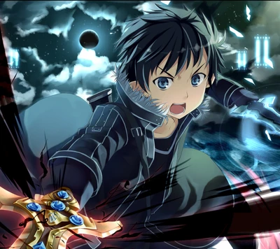 Kirito in Aktion, mit einem leuchtenden Schwert gegen einen dramatischen, überirdischen Hintergrund in "Sword Art Online".