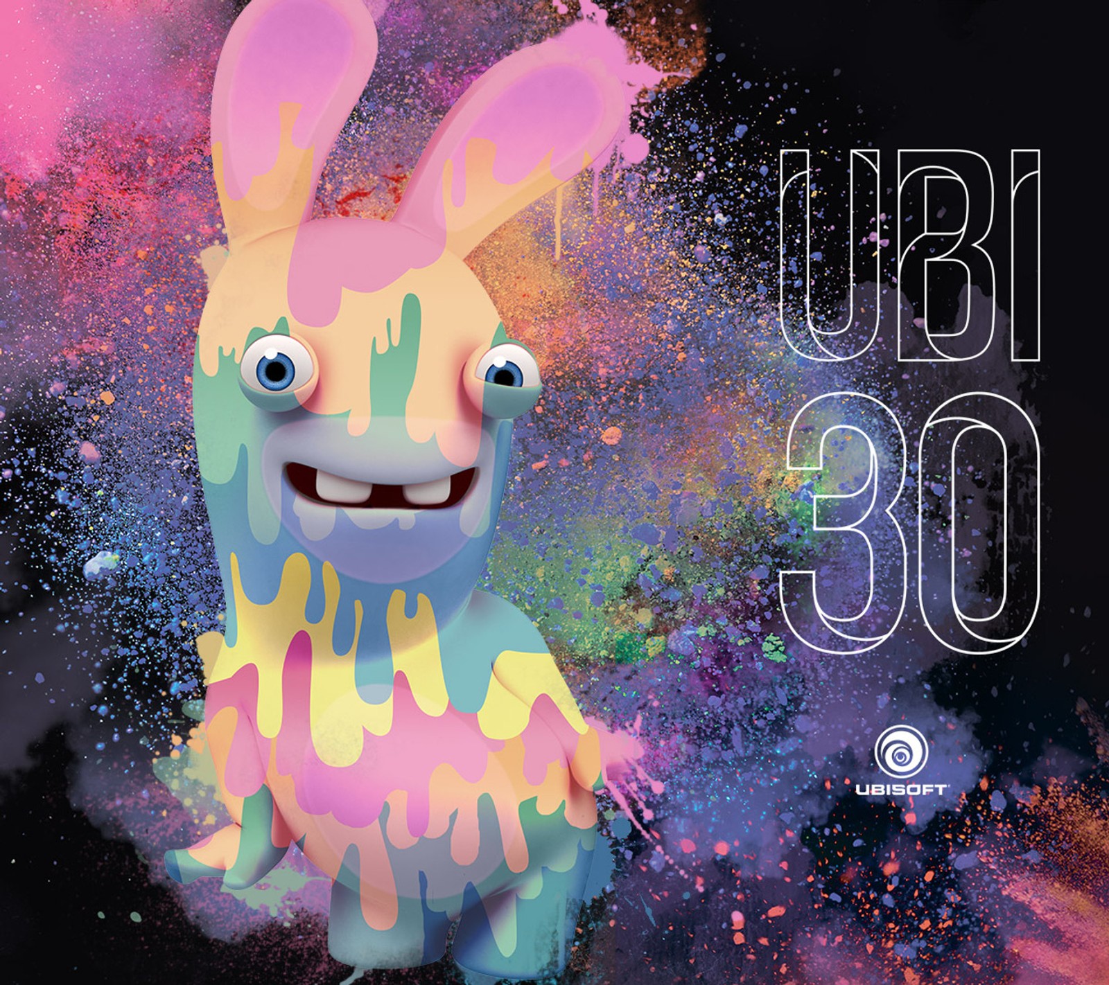 A close up of a cartoon rabbit with a colorful paint splatter on it (rabbids paint, ubi 30, ubisoft)