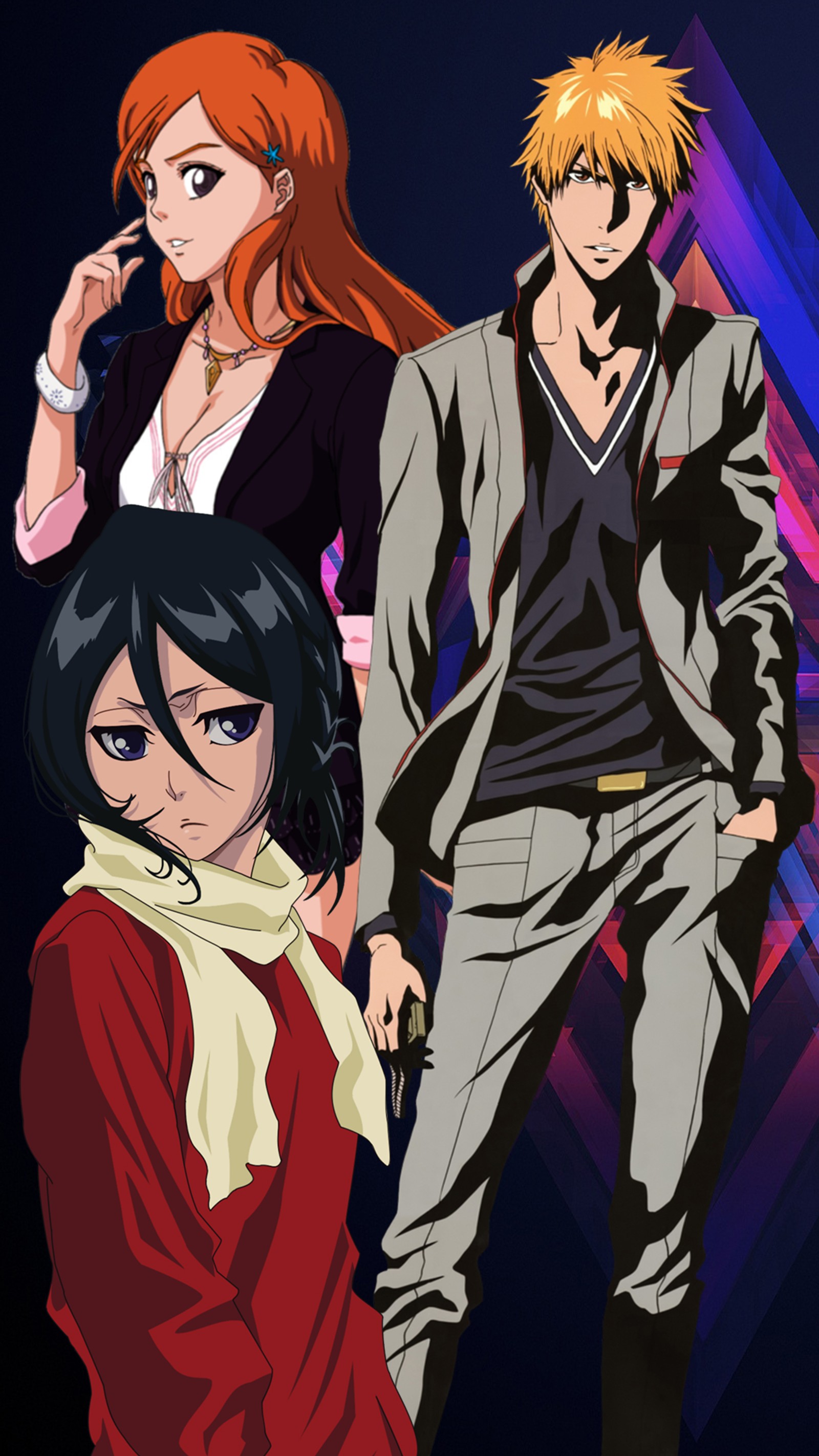 Personajes de anime en grupo con fondo azul (anime, bleach, ichigo, orihime, rukia)