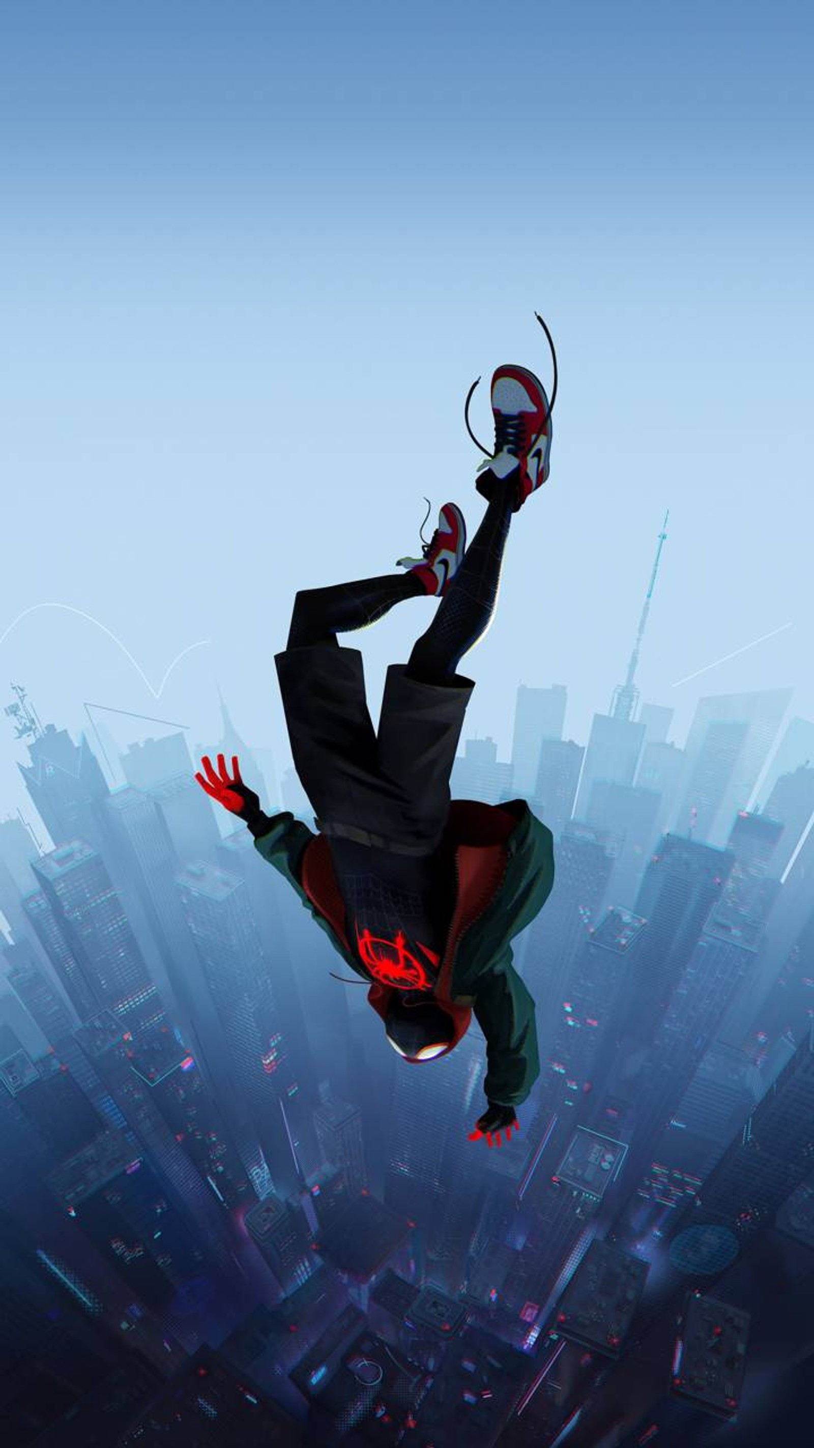 Affiche de 'spider-man: into the spider-verse' (spiderman, miles morales, araignée, ville, ciel)