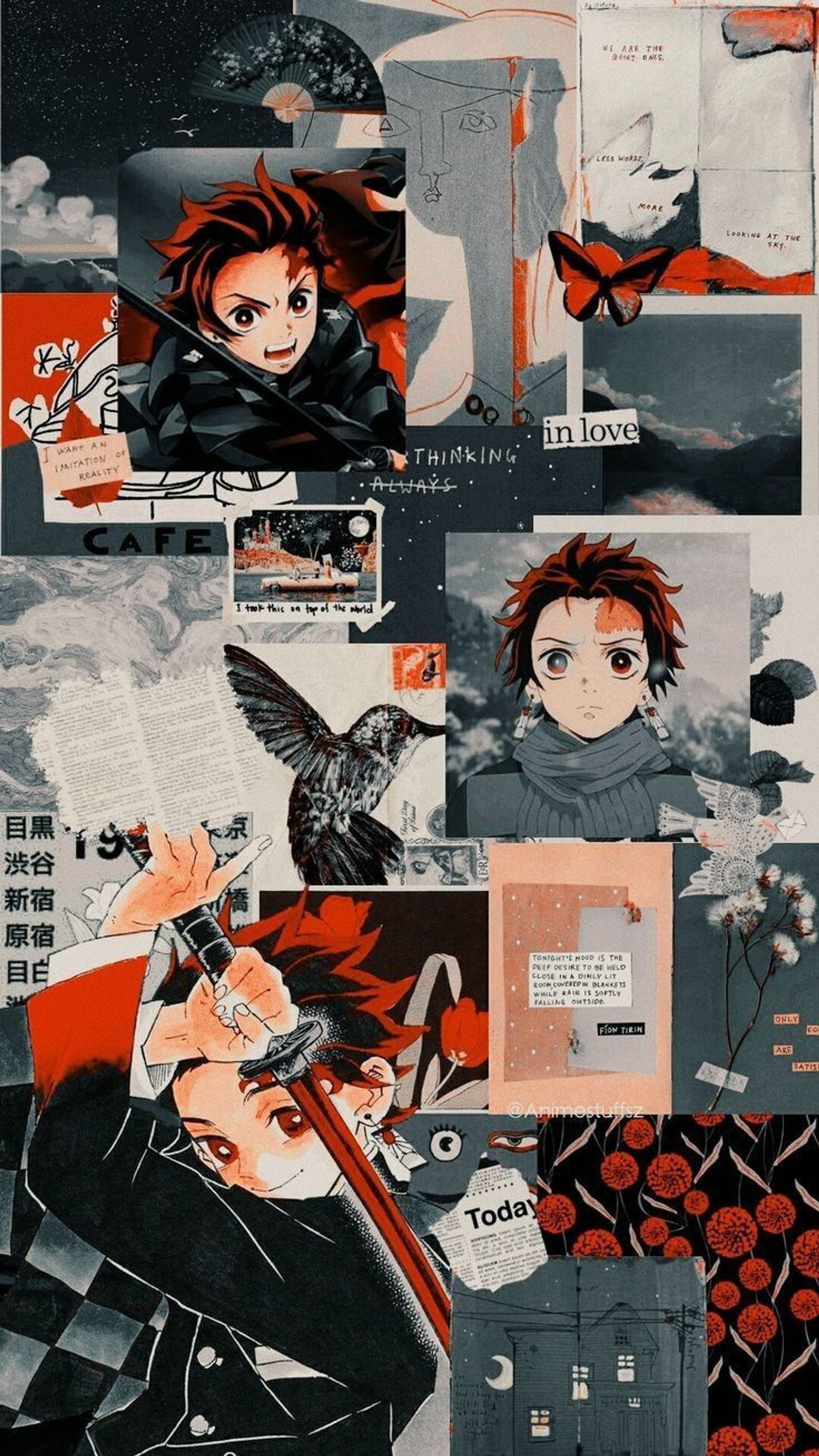 Un gros plan d'un collage de personnages d'anime avec un oiseau (héros, kimetsu no yaiba, tanjiro, thème)