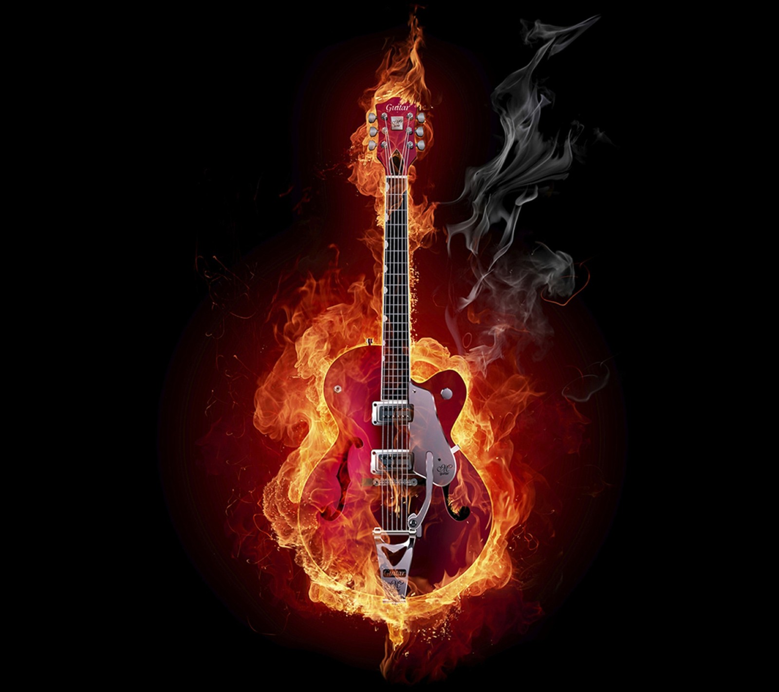 Un gros plan d'une guitare avec une flamme dessus (feu, flamme, guitare, roche)