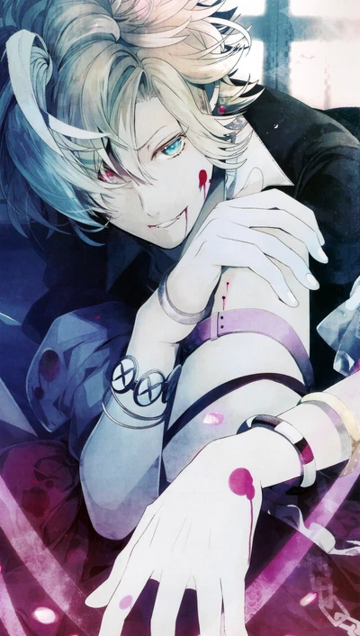 Kou Mukami aus Diabolik Lovers mit einem verspielten, aber unheimlichen Ausdruck, geschmückt mit Blutspritzern und einem fesselnden Blick.