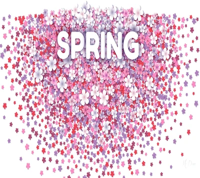 Colorful floral explosion with the word "SPRING" in bold letters, capturing the essence of the season.