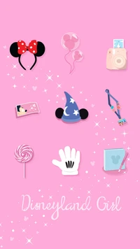 Whimsical Disneyland-themed icons featuring Mickey and Minnie Mouse elements on a pink background.