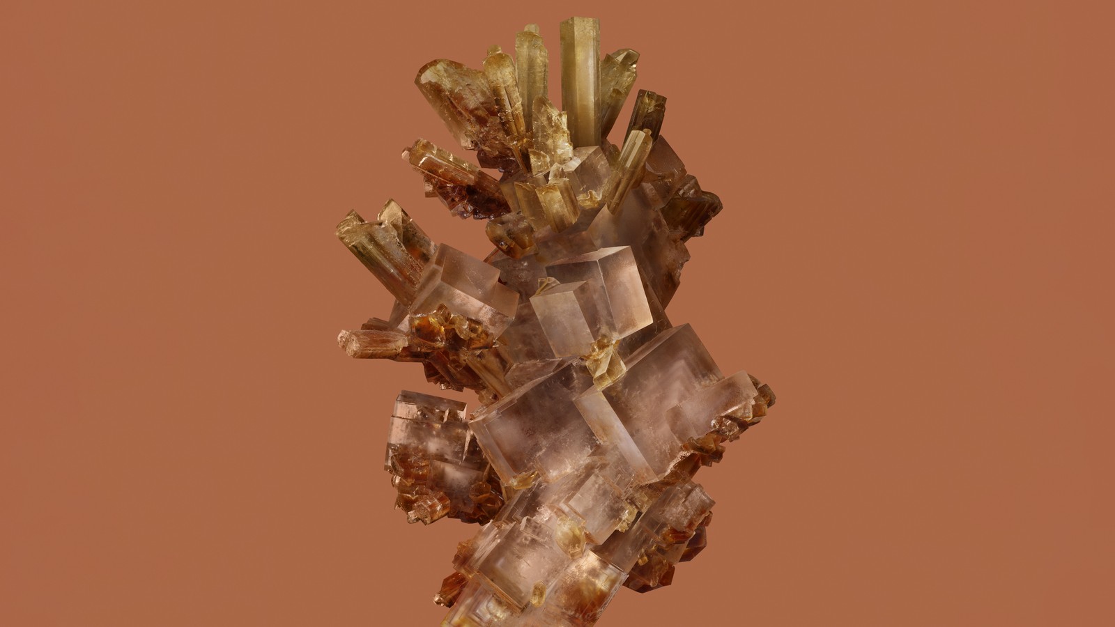 There is a crystal cluster on a stick with a brown background (google pixel 8 pro, fractal, 5k, sapphire, fluorite crystal)