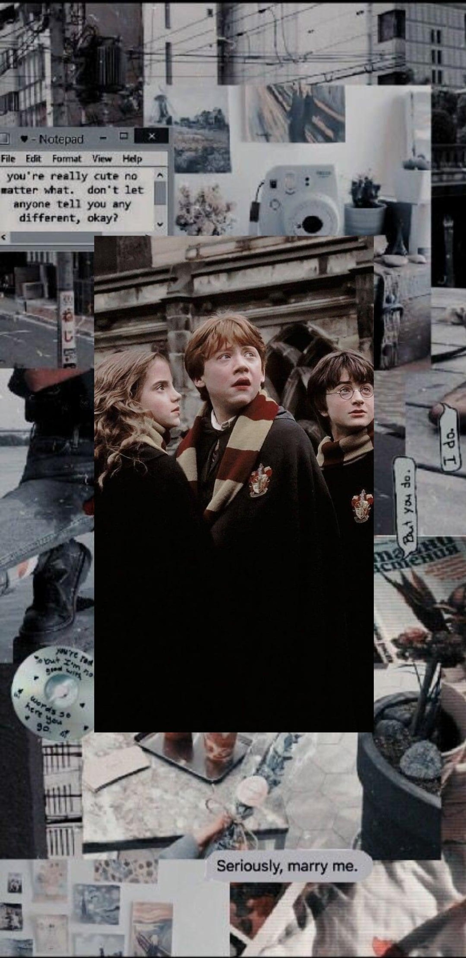 Arafed collage of a group of people standing in front of a building (daniel radcliffe, el trio de oro, emma watson, harry potter, hermione granger)