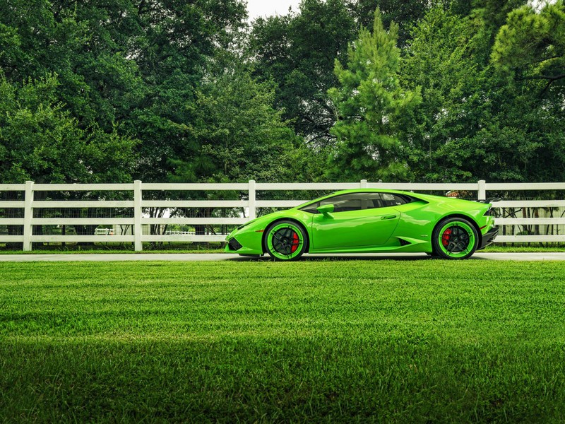 Зелёный ламборгини припаркован перед белым забором (lamborghini, суперкар, зелёный, lamborghini aventador, растение)