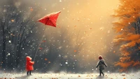 Children Playing with a Red Kite in a Snowy Autumn Wonderland