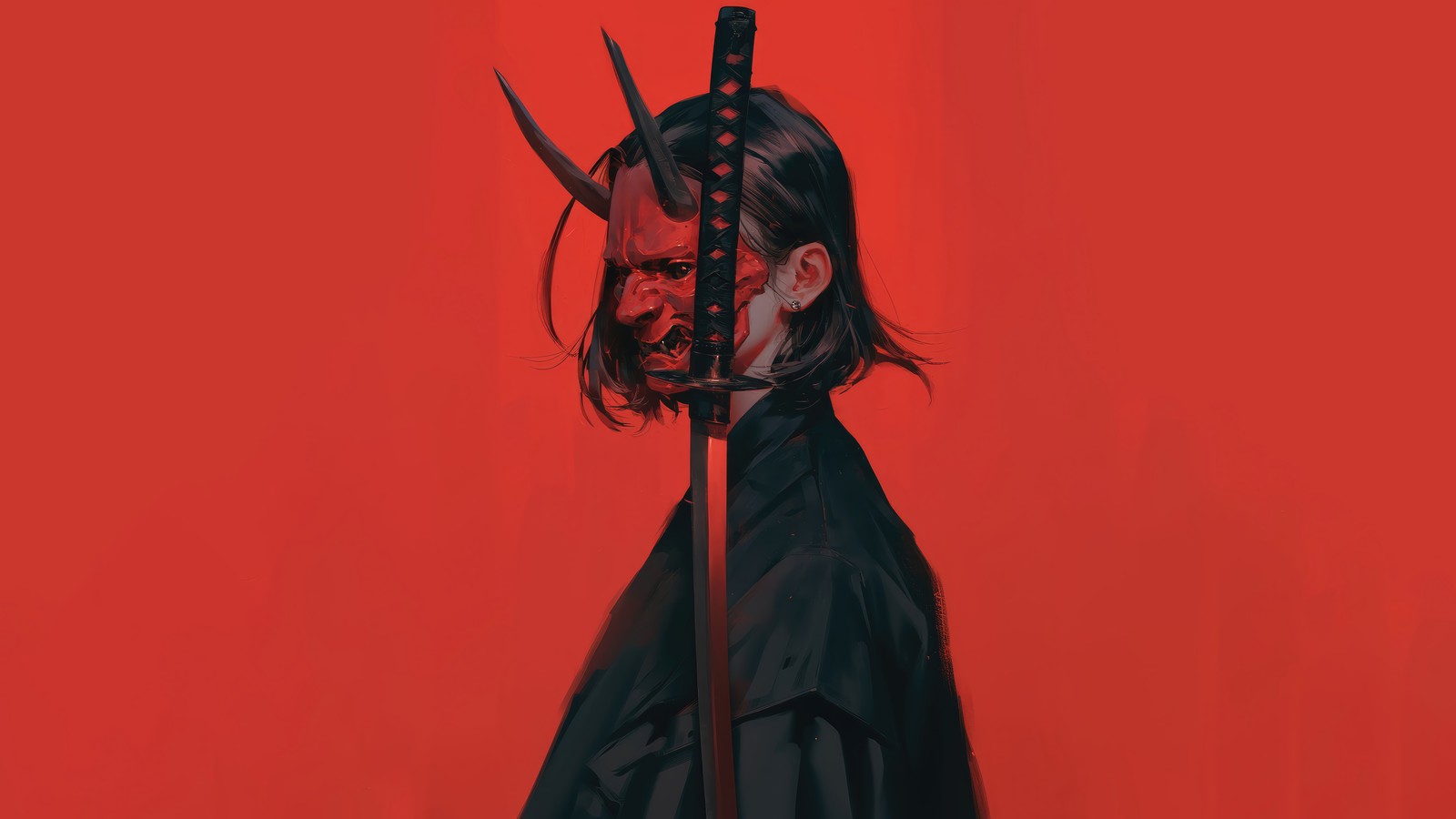 A man with a sword and a demon mask on his head (anime girls, katana, oni mask)