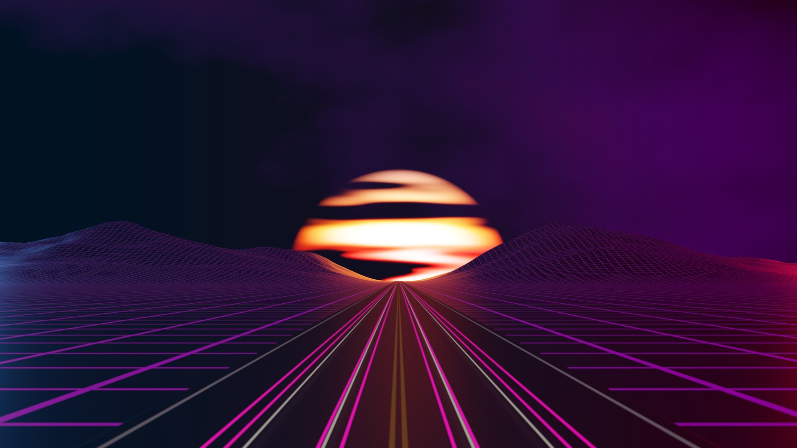 Un paisaje futurista con un atardecer y una carretera (outrun, camino, atardecer, synthwave, gráficos cgi)