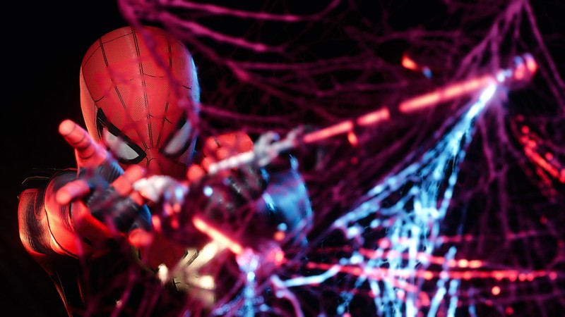 Человек-паук в костюме с красным светом за ним (марвел человек паук, marvels spider man, видеоигра, spider man)