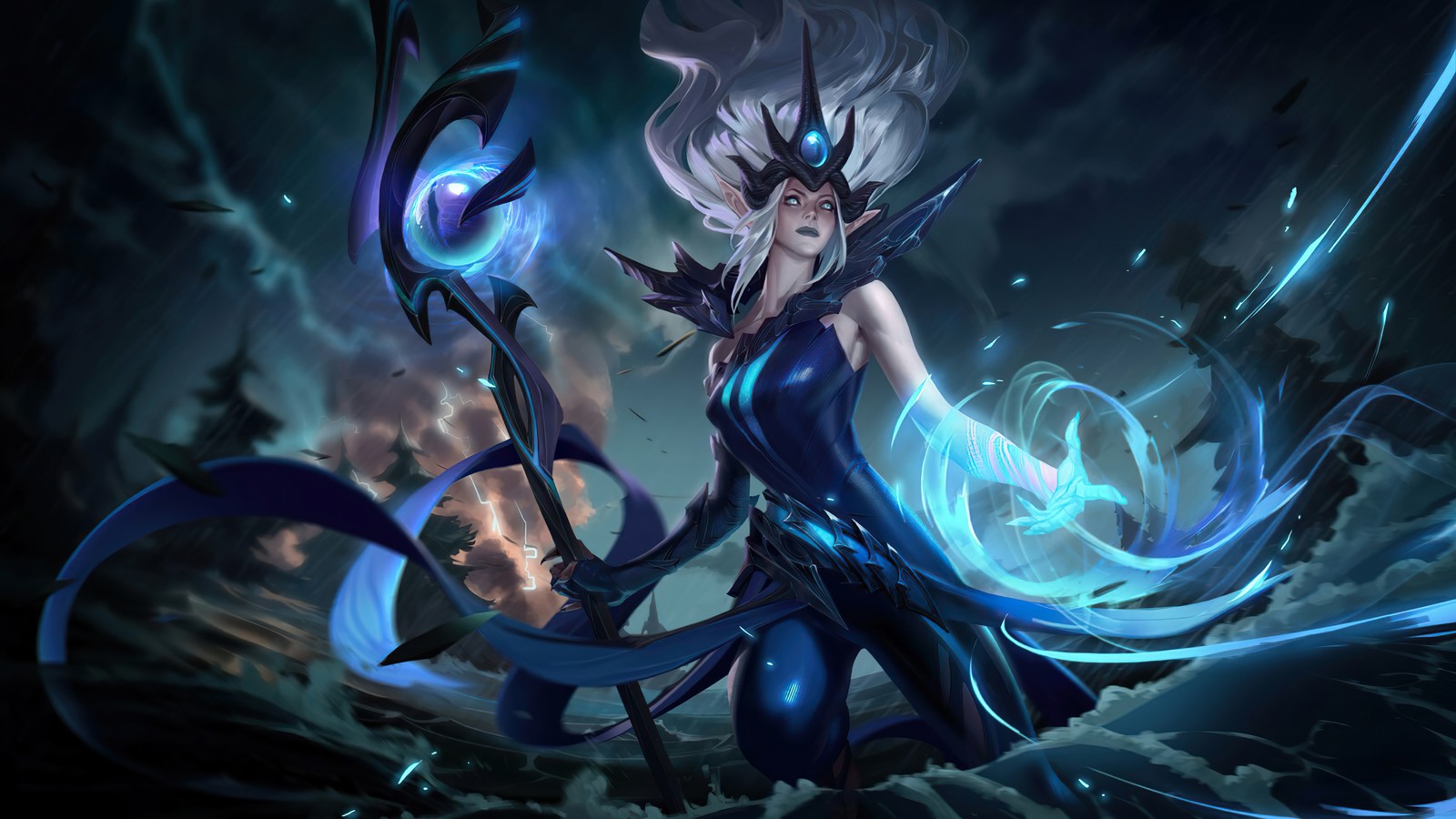 Eine frau mit langen weißen haaren und einem blauen kleid hält einen stab (lol wild rift, league of legends wild rift, videospiel, lol, league of legends)