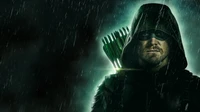 Oliver Queen, the Arrow, stands resolute in a dark, rain-soaked environment, embodying the struggle between heroism and villainy amidst the cosmos.