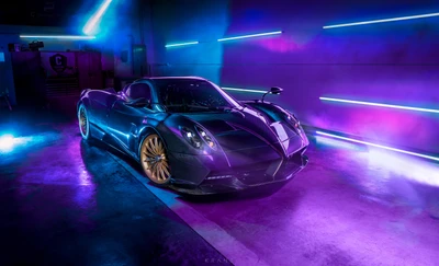 Pagani Huayra Roadster, освещенный неоновым пурпурным эстетическим светом