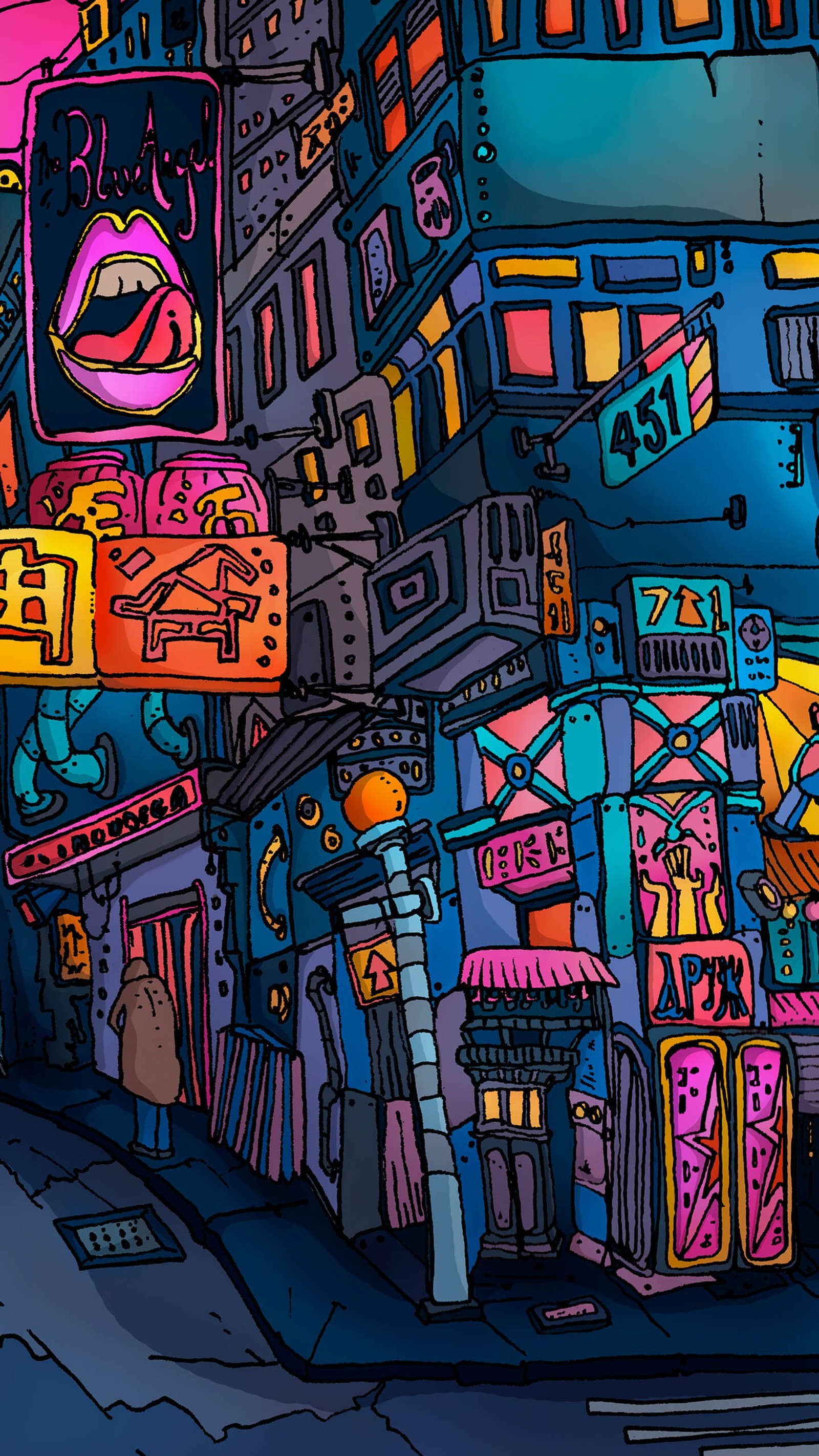 Brightly lit city street with neon signs and buildings at night (graffiti, art, urban design, paint, wall)