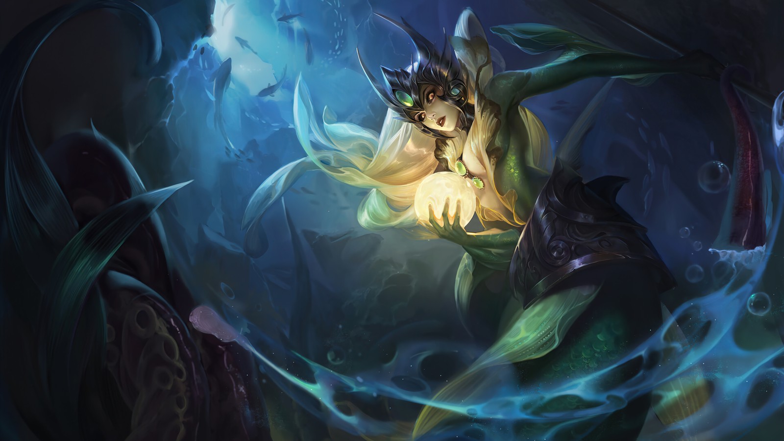 A woman in a yellow dress is holding a glowing light (nami, league of legends, lol, video game, art)