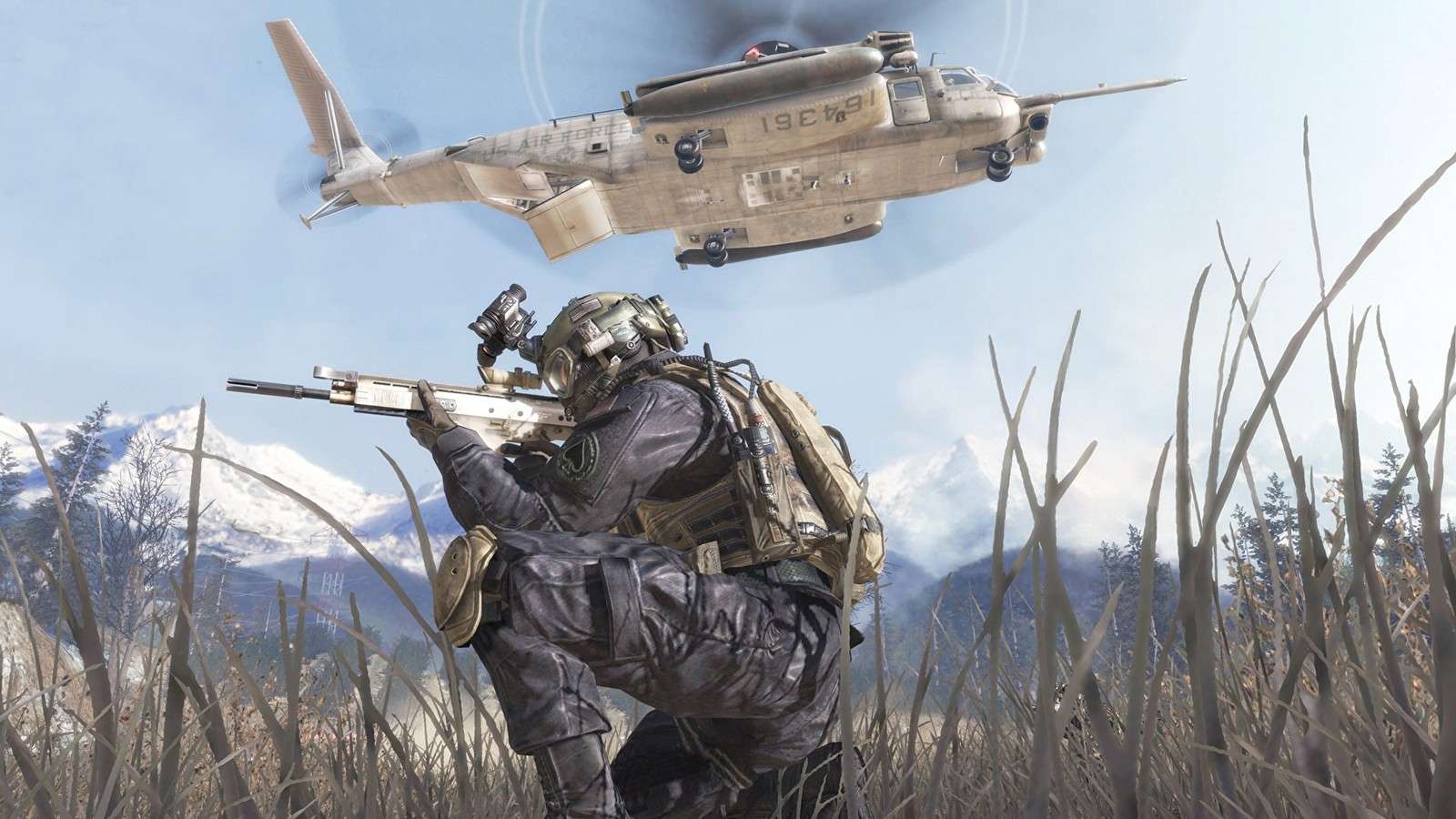 Arafed soldier with a rifle and a helicopter flying over him (call of duty modern warfare 2, call of duty 4 modern warfare, multiplayer video game, soldier, army)