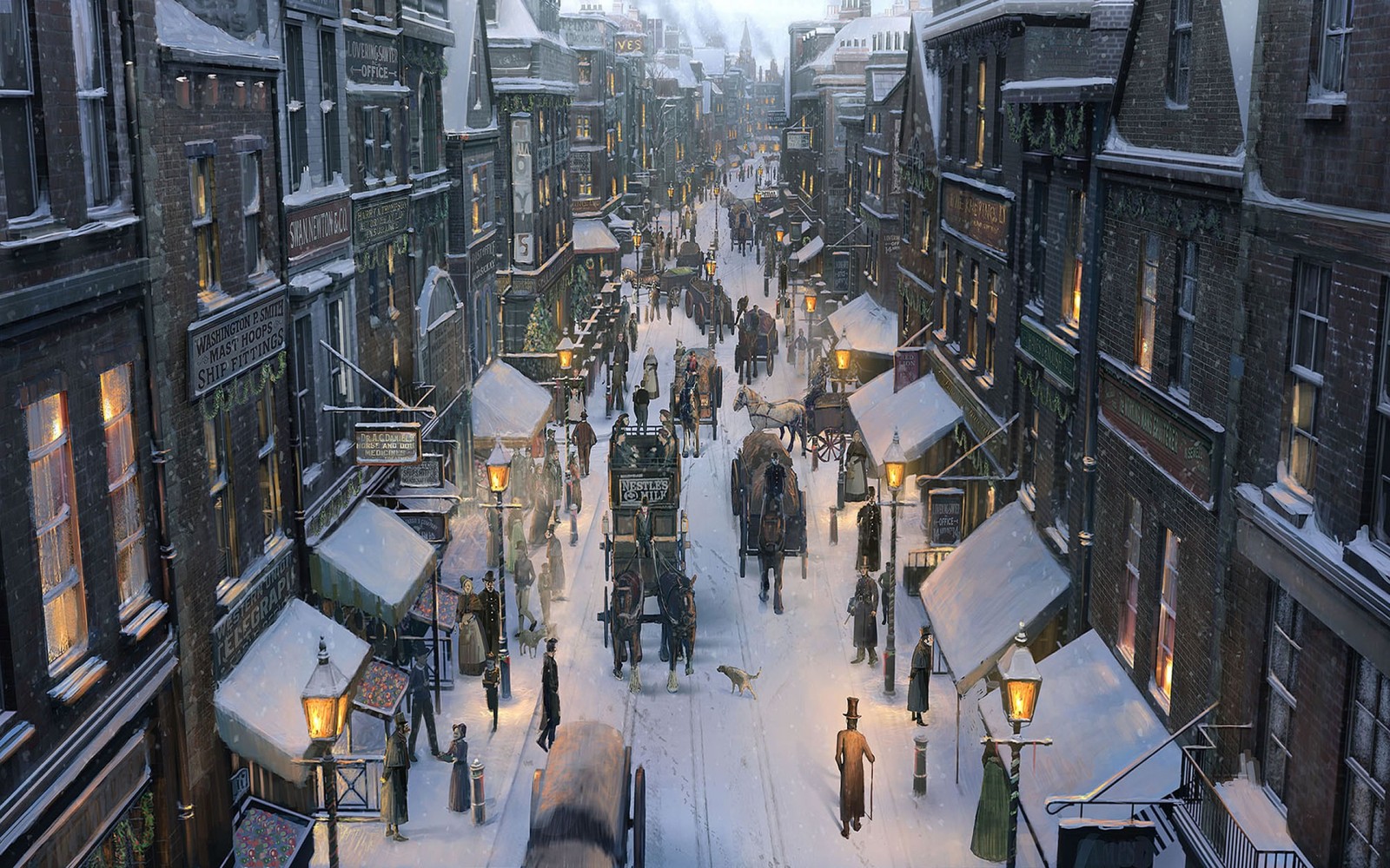 There is a painting of a busy street with people walking down it (art, christmas day, concept art, work of art, illustration)