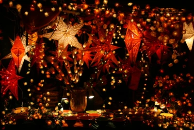 Vibrant Christmas Market Display with Festive Ornaments and Lights