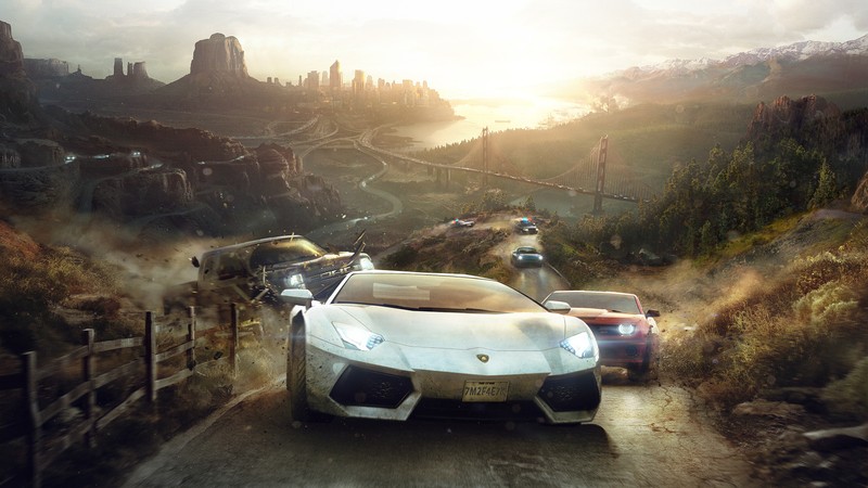 Группа машин, движущихся по грязной дороге в горной местности (the crew 2, суперкар, машина, lamborghini, спортивный автомобиль)