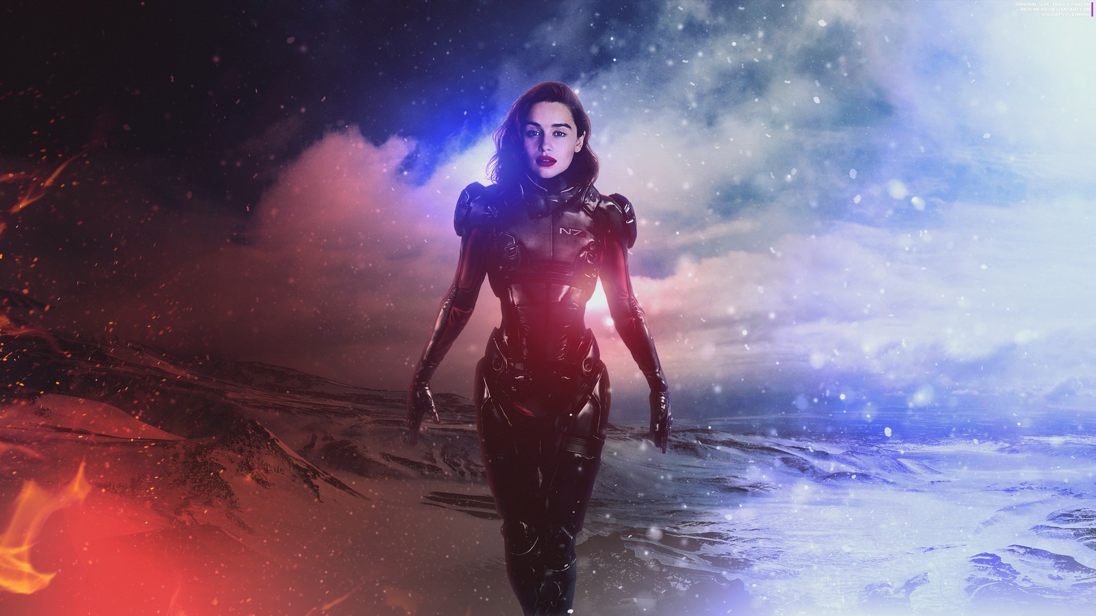 Uma mulher em um traje de mergulho caminhando pela praia com um sabre de luz (emilia clarke, mass effect andromeda, comandante shepard, female shepard, gráficos cgi)