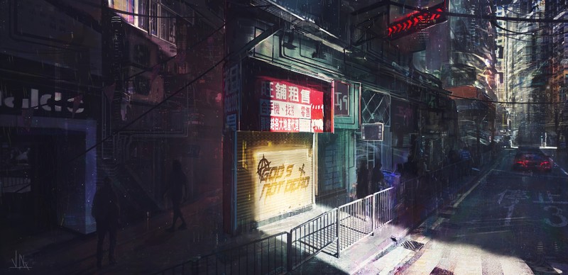 Картина городского улицы с людьми, идущими по ней (cyberpunk 2077, киберпанк, научная фантастика, искусство, улица)