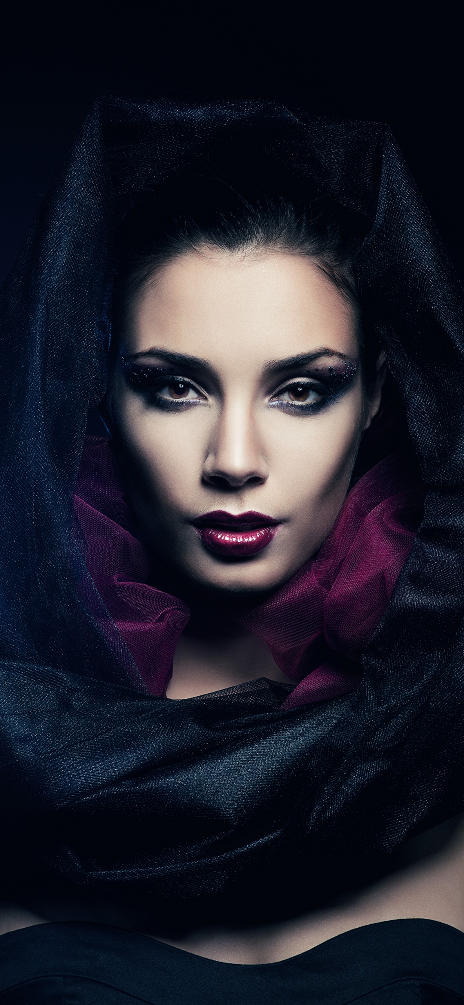 Arafed woman with black makeup and a black veil over her head (beauty, vector graphics, lip, chin, lipstick)