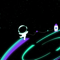 Cute astronaut exploring outer space with a whimsical rocket against a black background.